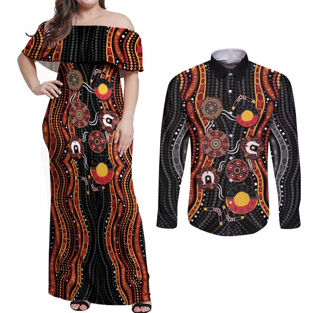 NAIDOC Week 2026 Couples Matching Off Shoulder Maxi Dress and Long Sleeve Button Shirt Together We Rise Together We Stay Deadly