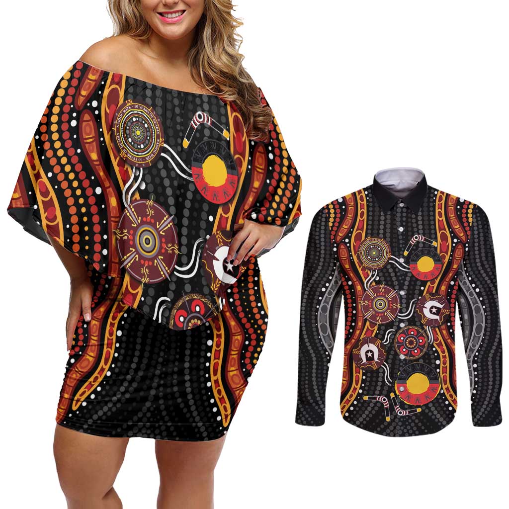 NAIDOC Week 2026 Couples Matching Off Shoulder Short Dress and Long Sleeve Button Shirt Together We Rise Together We Stay Deadly