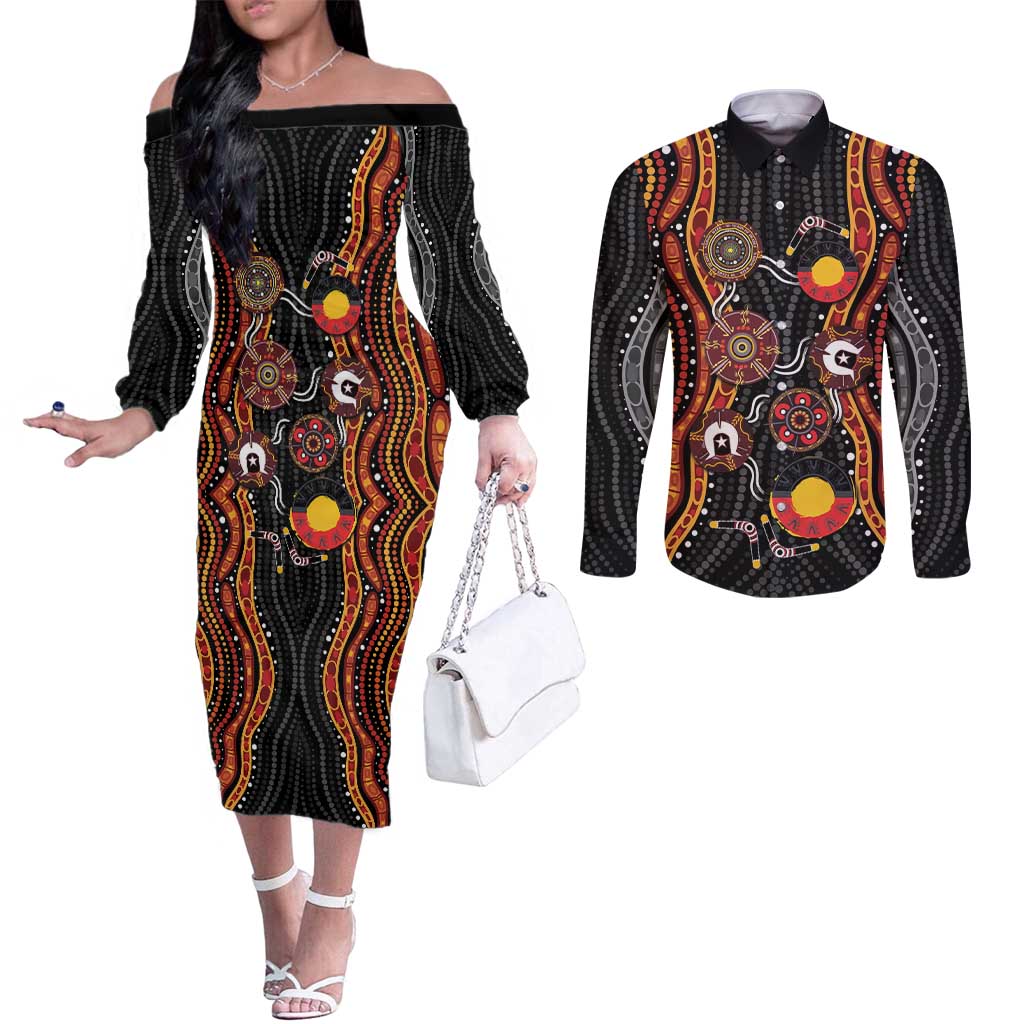 NAIDOC Week 2026 Couples Matching Off The Shoulder Long Sleeve Dress and Long Sleeve Button Shirt Together We Rise Together We Stay Deadly