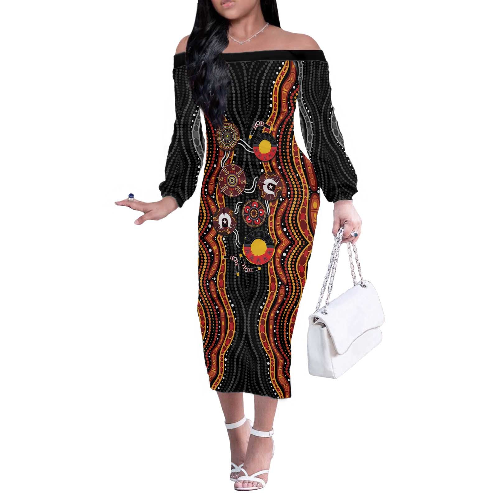 NAIDOC Week 2026 Off The Shoulder Long Sleeve Dress Together We Rise Together We Stay Deadly