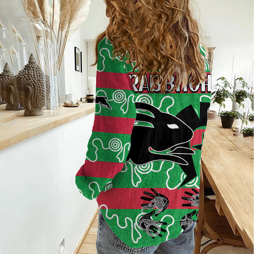 NAIDOC Rabbitohs Rugby Women Casual Shirt Go The Bunnies Aboriginal Dots LT9
