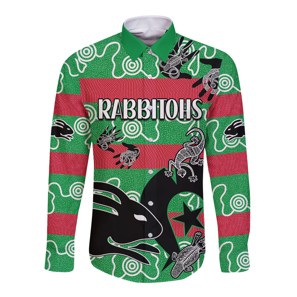 custom-text-and-number-naidoc-rabbitohs-rugby-long-sleeve-button-shirt-go-the-bunnies-aboriginal-dots