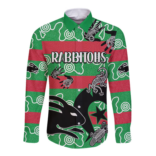 custom-text-and-number-naidoc-rabbitohs-rugby-long-sleeve-button-shirt-go-the-bunnies-aboriginal-dots