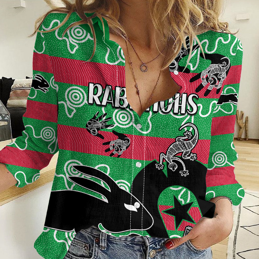 (Custom Text And Number) NAIDOC Rabbitohs Rugby Women Casual Shirt Go The Bunnies Aboriginal Dots LT9