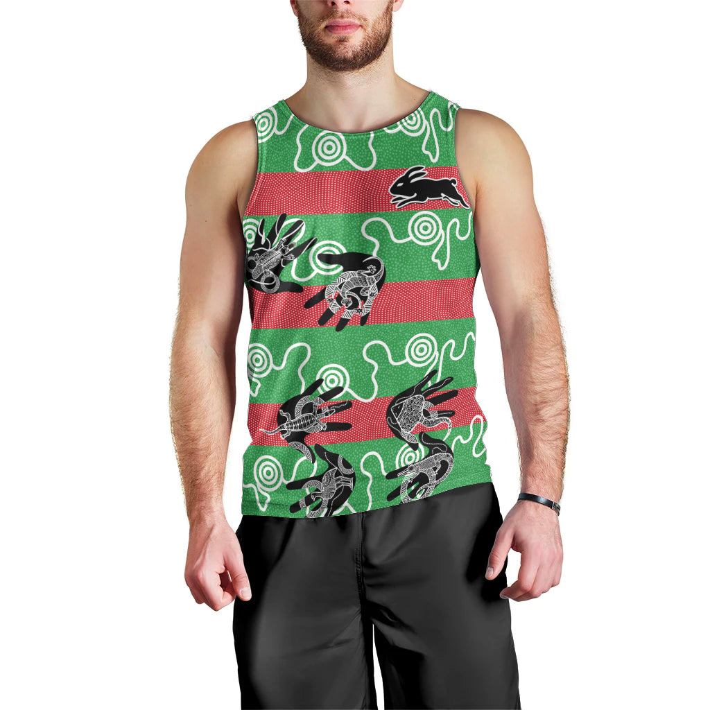 rabbitohs-rugby-premiers-men-tank-top-go-the-bunnies-aboriginal-dots