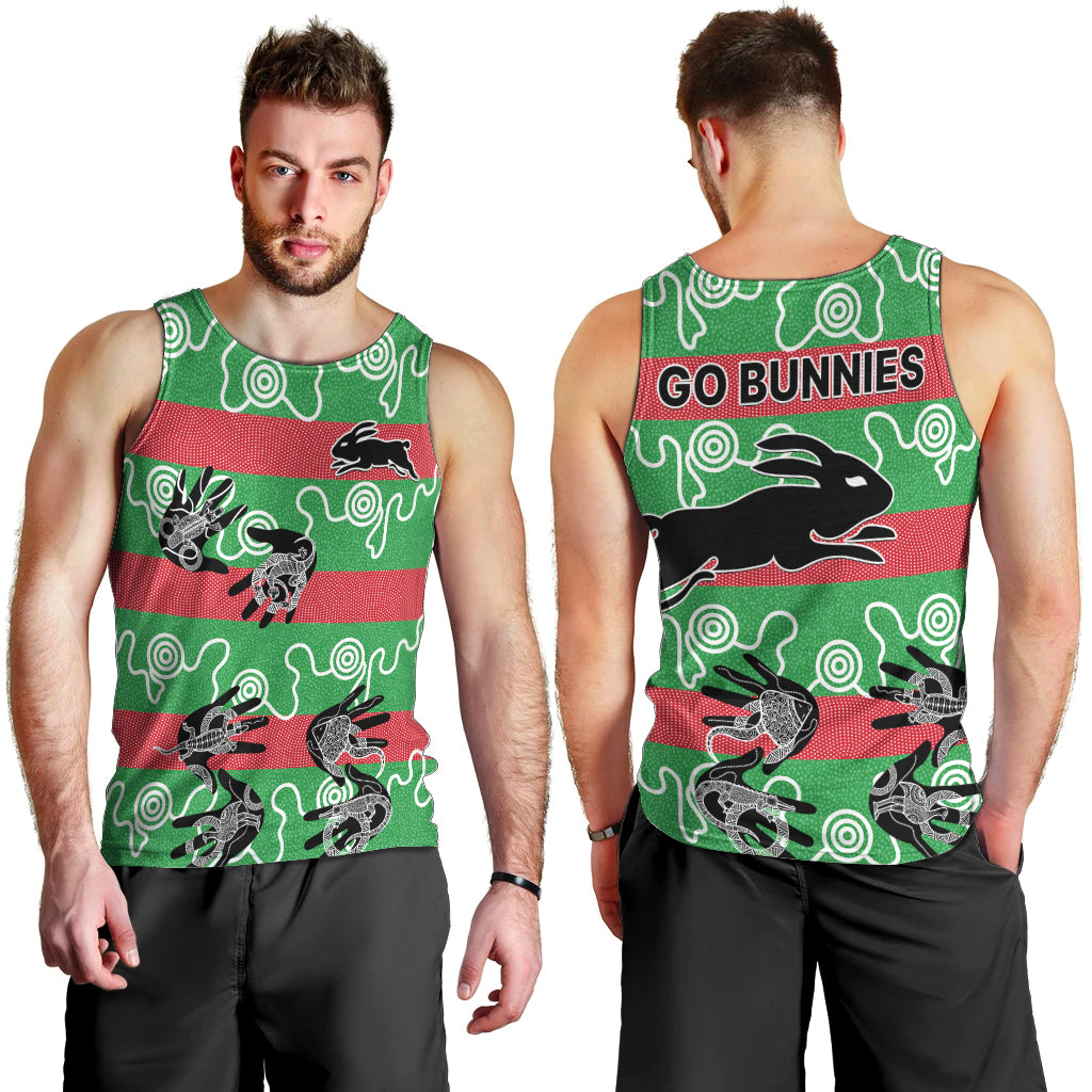 rabbitohs-rugby-premiers-men-tank-top-go-the-bunnies-aboriginal-dots