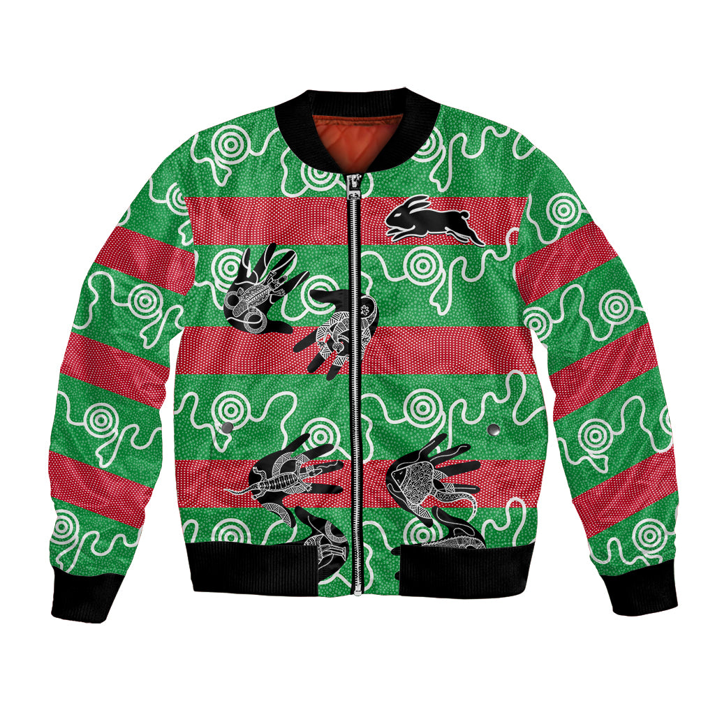 custom-text-and-number-rabbitohs-rugby-premiers-bomber-jacket-go-the-bunnies-aboriginal-dots
