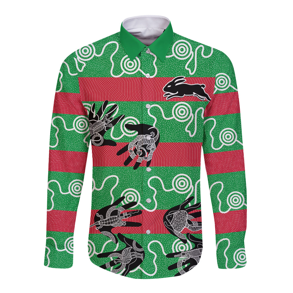custom-text-and-number-rabbitohs-rugby-premiers-long-sleeve-button-shirt-go-the-bunnies-aboriginal-dots