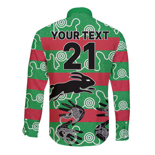 custom-text-and-number-rabbitohs-rugby-premiers-long-sleeve-button-shirt-go-the-bunnies-aboriginal-dots