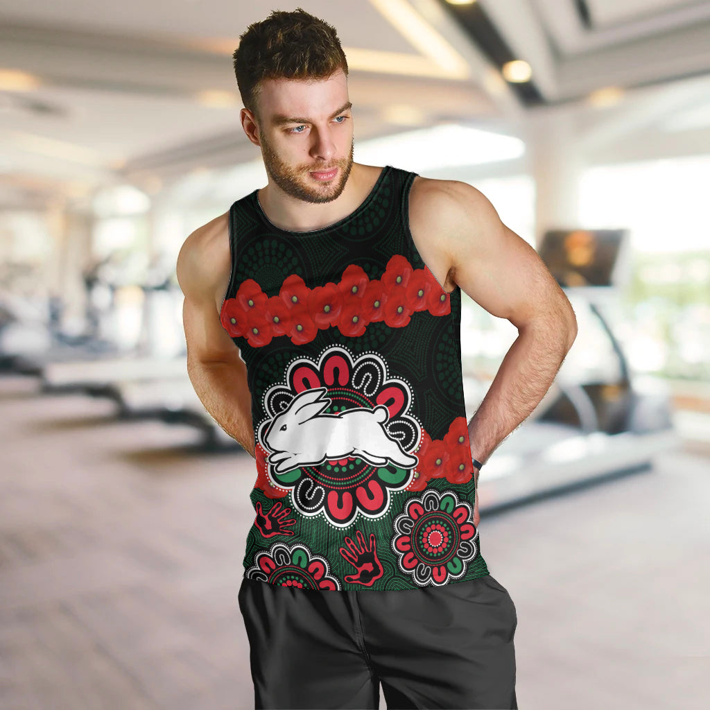anzac-2023-nrl-rabbitohs-rugby-men-tank-top-the-bunnies-1908-poppy-flowers-mixed-aboriginal