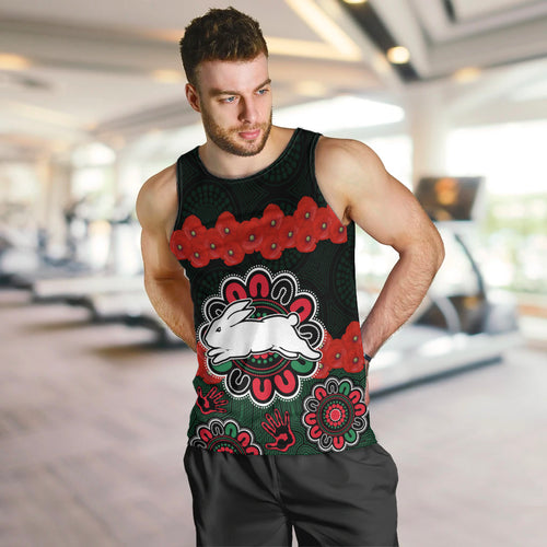 anzac-2023-nrl-rabbitohs-rugby-men-tank-top-the-bunnies-1908-poppy-flowers-mixed-aboriginal