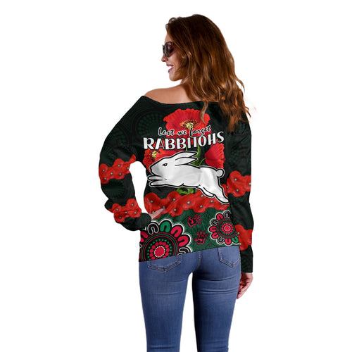 anzac-2023-nrl-rabbitohs-rugby-off-shoulder-sweater-the-bunnies-1908-poppy-flowers-mixed-aboriginal