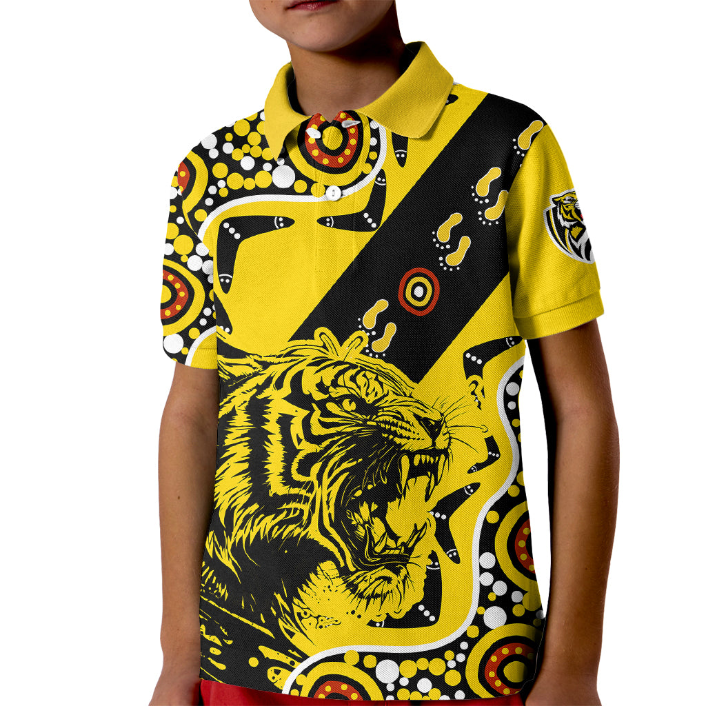 richmond-tigers-football-kid-polo-shirt-angry-tiger-roaring-aboriginal-boomerang-and-dots-art
