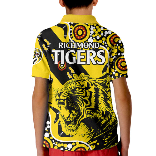 richmond-tigers-football-kid-polo-shirt-angry-tiger-roaring-aboriginal-boomerang-and-dots-art
