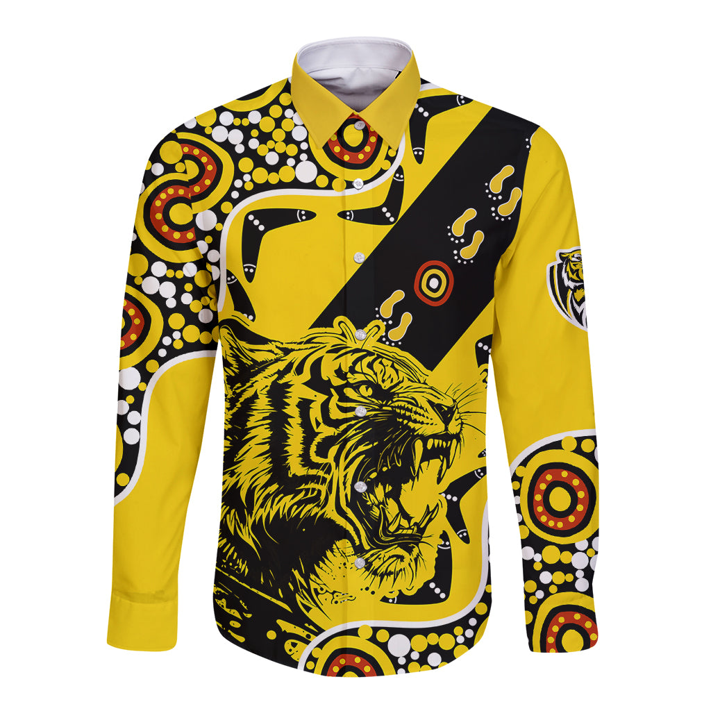 richmond-tigers-football-long-sleeve-button-shirt-angry-tiger-roaring-aboriginal-boomerang-and-dots-art