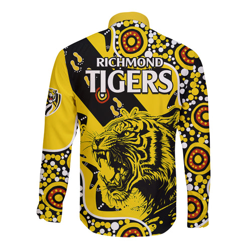 richmond-tigers-football-long-sleeve-button-shirt-angry-tiger-roaring-aboriginal-boomerang-and-dots-art