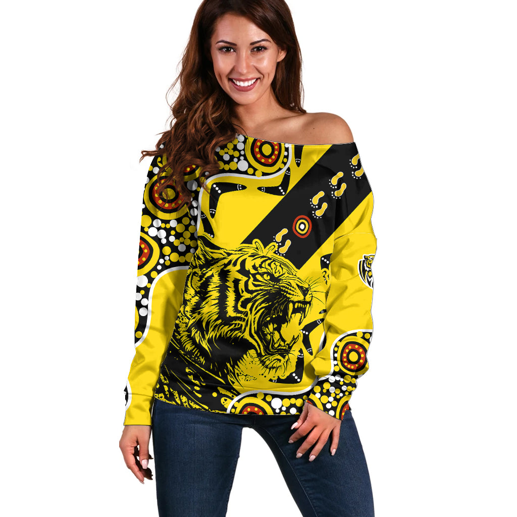 richmond-tigers-football-off-shoulder-sweater-angry-tiger-roaring-aboriginal-boomerang-and-dots-art