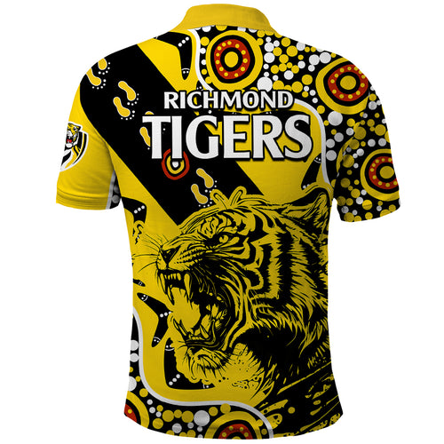 richmond-tigers-football-polo-shirt-angry-tiger-roaring-aboriginal-boomerang-and-dots-art