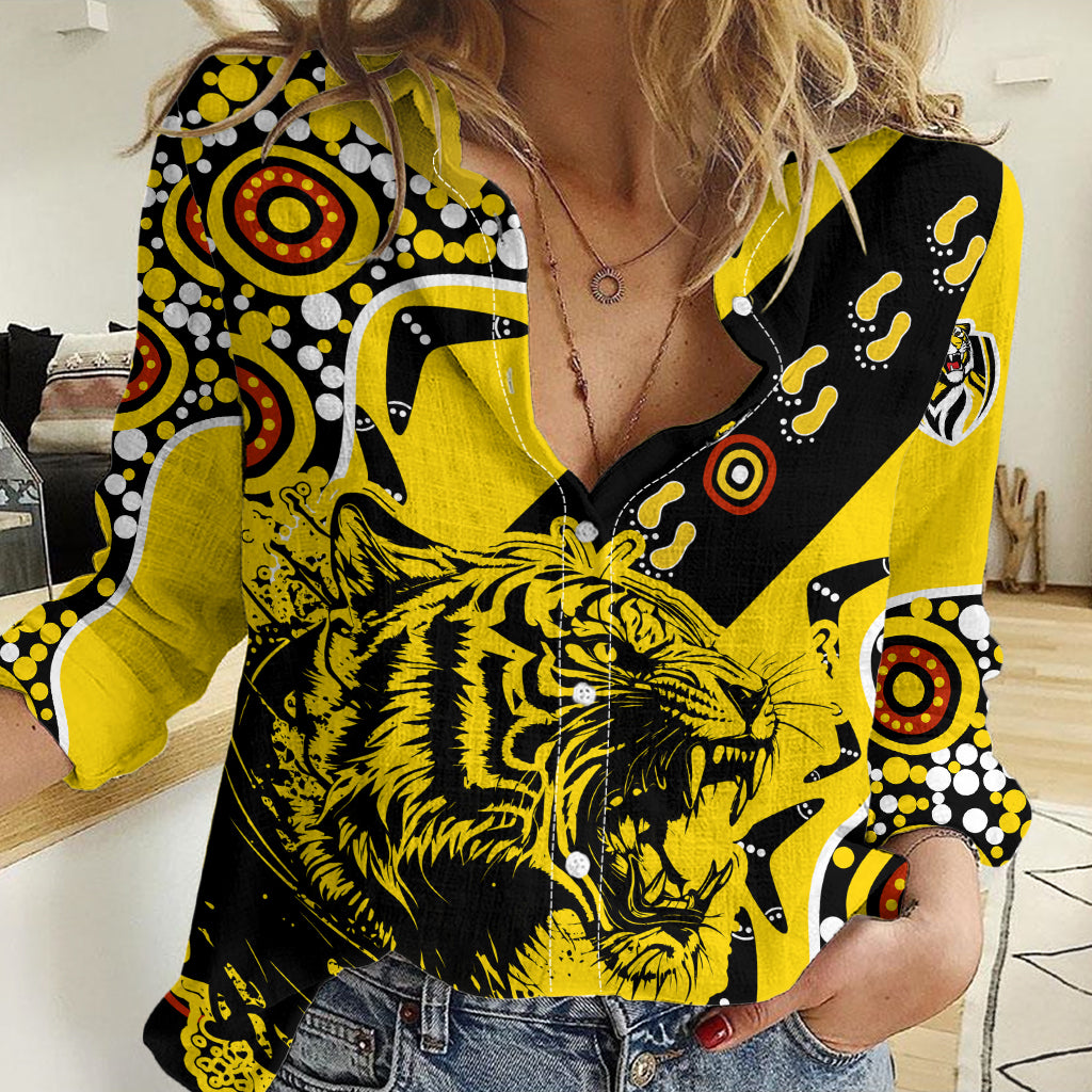 Richmond Tigers Football Women Casual Shirt Angry Tiger Roaring Aboriginal Boomerang and Dots Art LT9