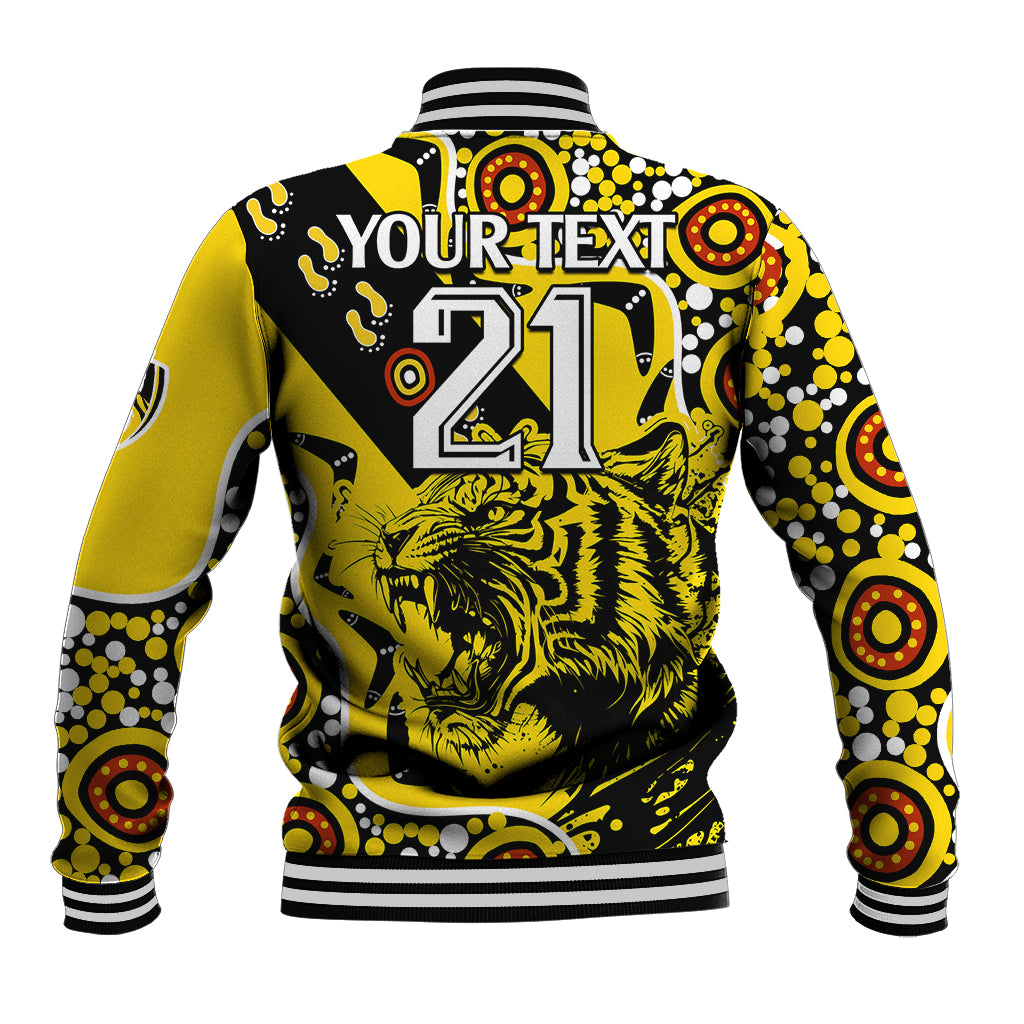 custom-text-and-number-richmond-tigers-football-baseball-jacket-angry-tiger-roaring-aboriginal-boomerang-and-dots-art