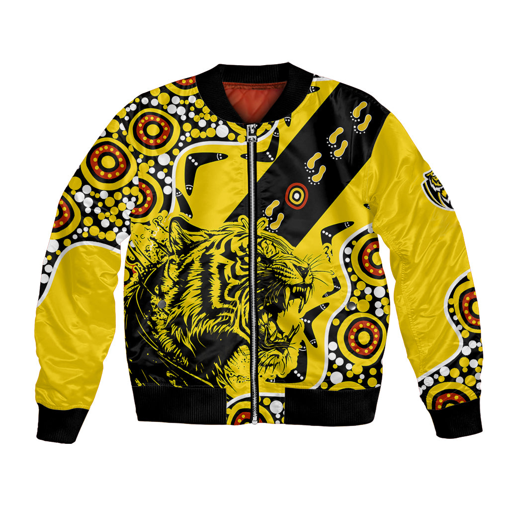 custom-text-and-number-richmond-tigers-football-bomber-jacket-angry-tiger-roaring-aboriginal-boomerang-and-dots-art