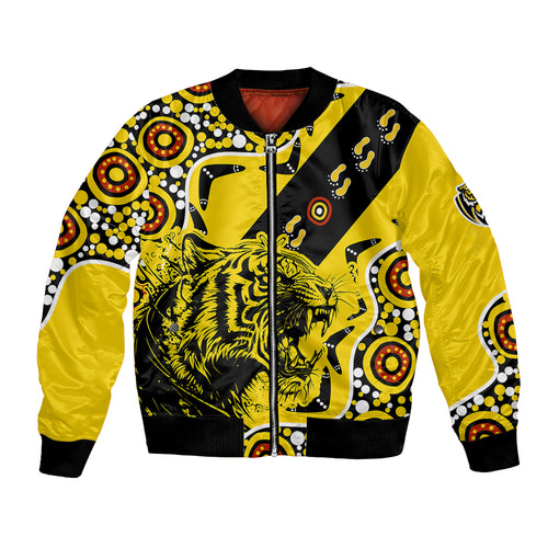 custom-text-and-number-richmond-tigers-football-bomber-jacket-angry-tiger-roaring-aboriginal-boomerang-and-dots-art