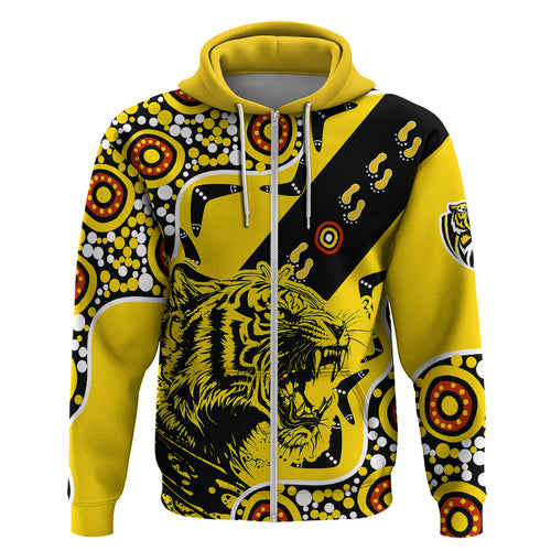 custom-text-and-number-richmond-tigers-football-hoodie-angry-tiger-roaring-aboriginal-boomerang-and-dots-art
