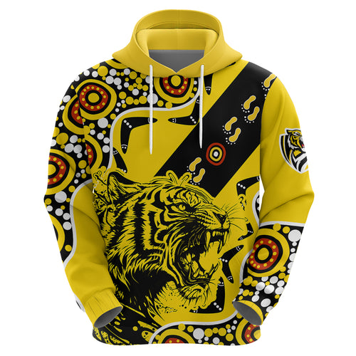 custom-text-and-number-richmond-tigers-football-hoodie-angry-tiger-roaring-aboriginal-boomerang-and-dots-art