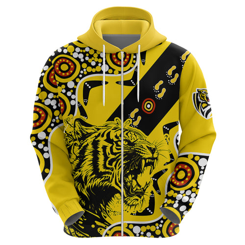 custom-text-and-number-richmond-tigers-football-hoodie-angry-tiger-roaring-aboriginal-boomerang-and-dots-art