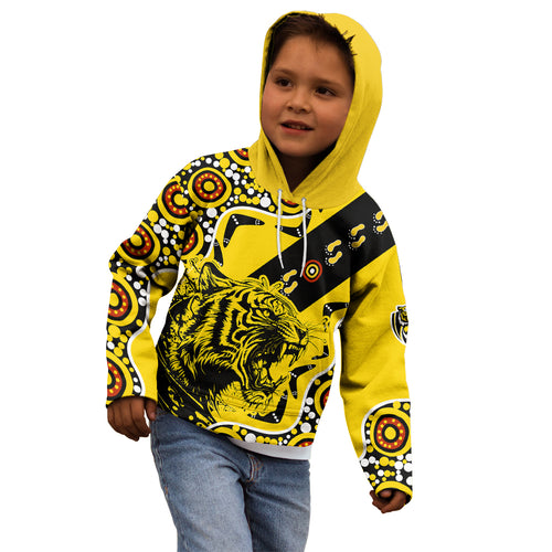 custom-text-and-number-richmond-tigers-football-kid-hoodie-angry-tiger-roaring-aboriginal-boomerang-and-dots-art