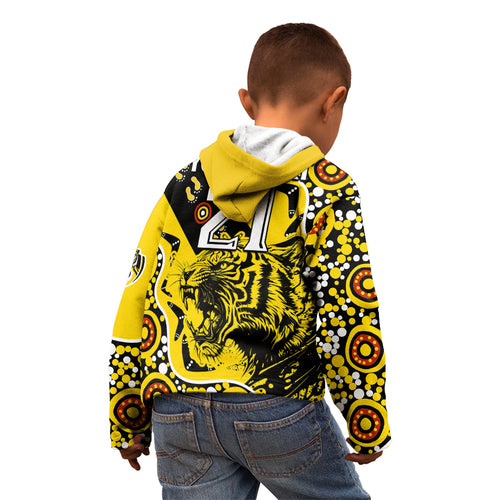 custom-text-and-number-richmond-tigers-football-kid-hoodie-angry-tiger-roaring-aboriginal-boomerang-and-dots-art