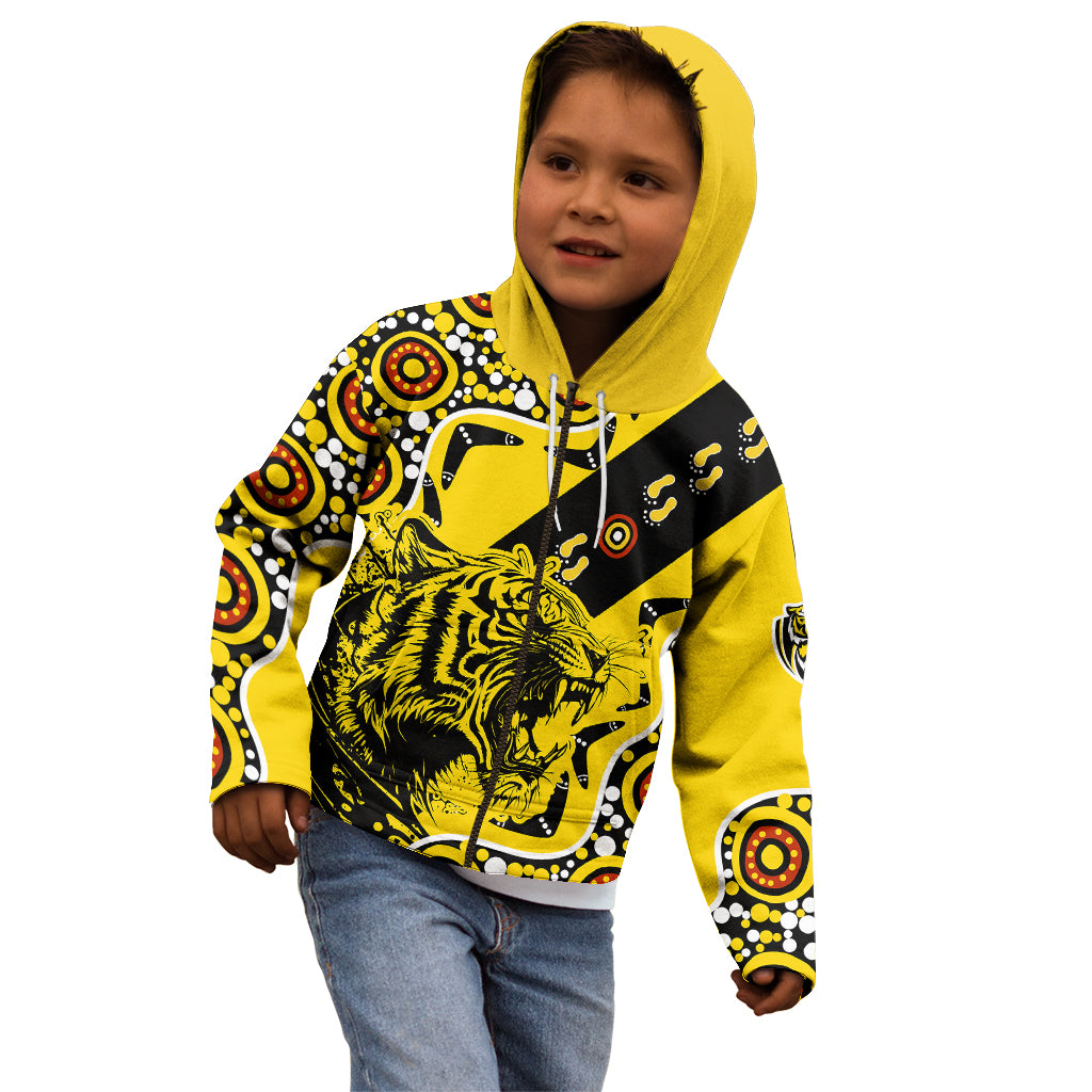 custom-text-and-number-richmond-tigers-football-kid-hoodie-angry-tiger-roaring-aboriginal-boomerang-and-dots-art