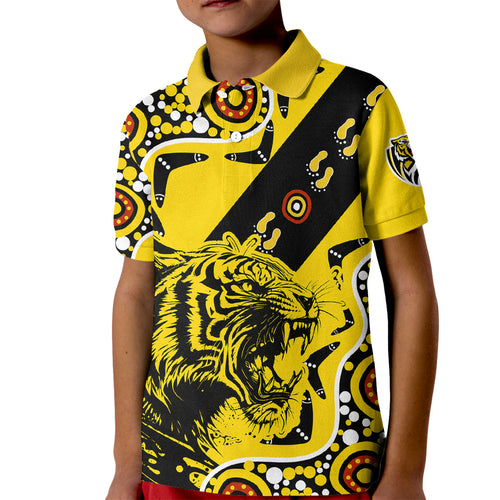 custom-text-and-number-richmond-tigers-football-kid-polo-shirt-angry-tiger-roaring-aboriginal-boomerang-and-dots-art