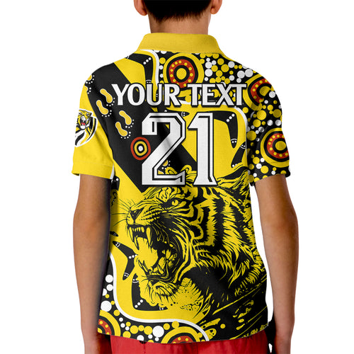 custom-text-and-number-richmond-tigers-football-kid-polo-shirt-angry-tiger-roaring-aboriginal-boomerang-and-dots-art