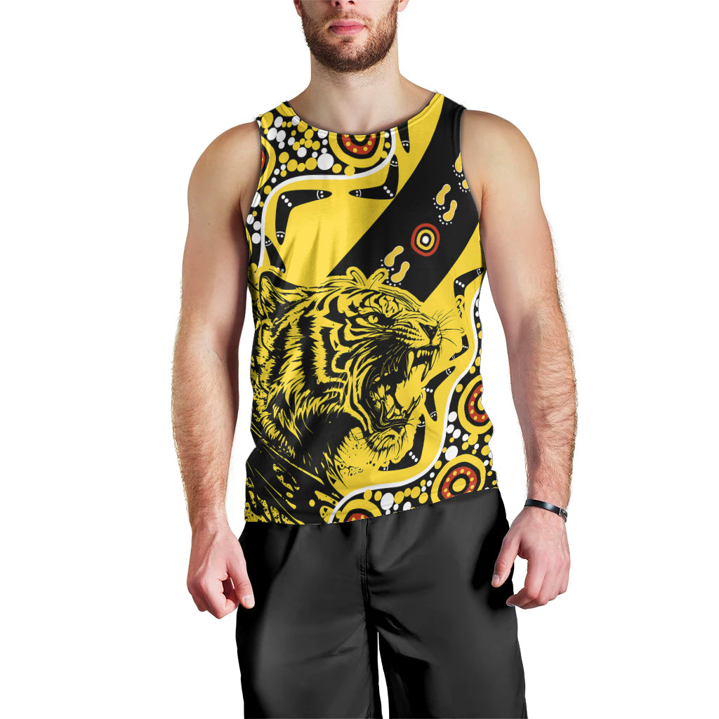 custom-text-and-number-richmond-tigers-football-men-tank-top-angry-tiger-roaring-aboriginal-boomerang-and-dots-art