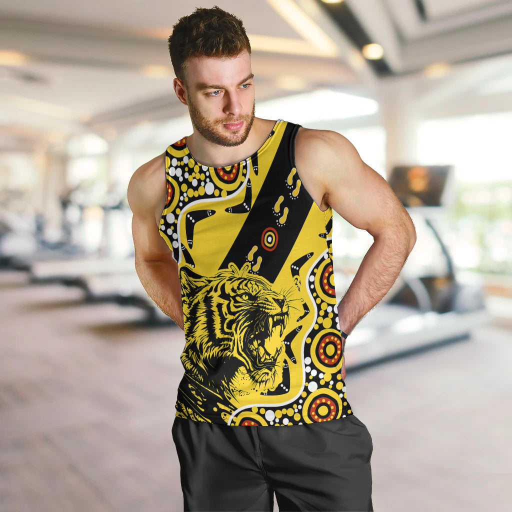custom-text-and-number-richmond-tigers-football-men-tank-top-angry-tiger-roaring-aboriginal-boomerang-and-dots-art