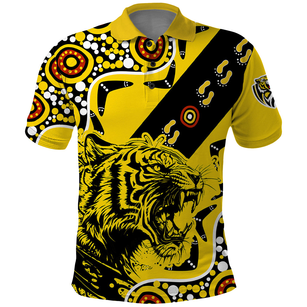 custom-text-and-number-richmond-tigers-football-polo-shirt-angry-tiger-roaring-aboriginal-boomerang-and-dots-art
