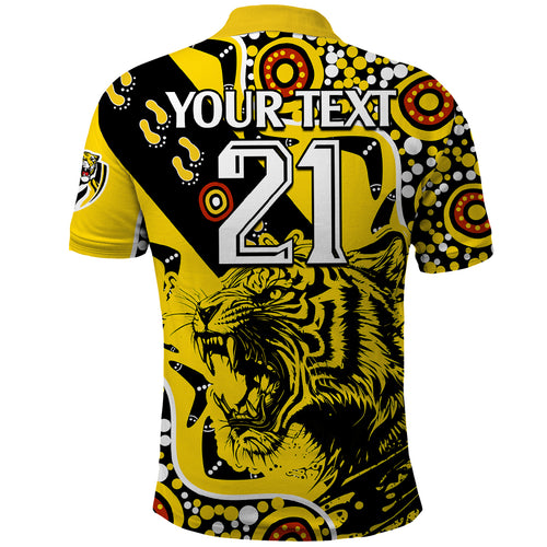 custom-text-and-number-richmond-tigers-football-polo-shirt-angry-tiger-roaring-aboriginal-boomerang-and-dots-art