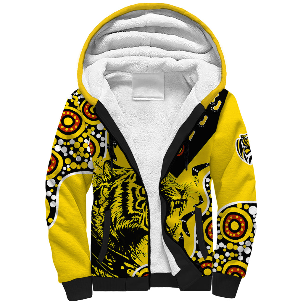 custom-text-and-number-richmond-tigers-football-sherpa-hoodie-angry-tiger-roaring-aboriginal-boomerang-and-dots-art