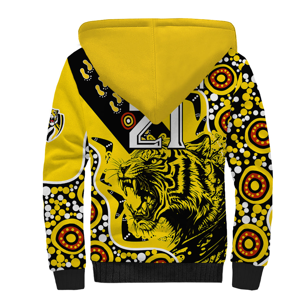 custom-text-and-number-richmond-tigers-football-sherpa-hoodie-angry-tiger-roaring-aboriginal-boomerang-and-dots-art