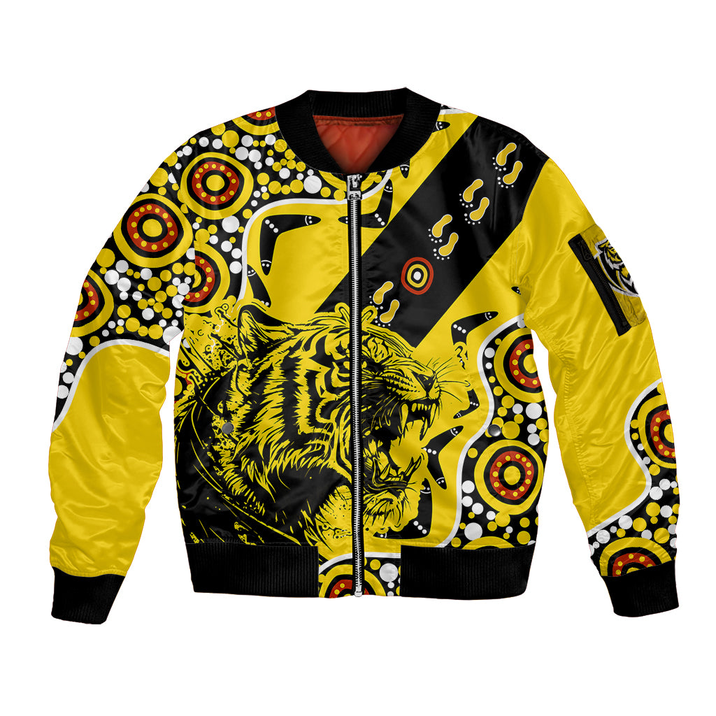 custom-text-and-number-richmond-tigers-football-sleeve-zip-bomber-jacket-angry-tiger-roaring-aboriginal-boomerang-and-dots-art