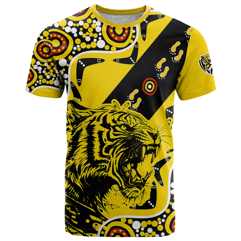 custom-text-and-number-richmond-tigers-football-t-shirt-angry-tiger-roaring-aboriginal-boomerang-and-dots-art