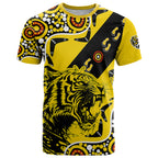 custom-text-and-number-richmond-tigers-football-t-shirt-angry-tiger-roaring-aboriginal-boomerang-and-dots-art