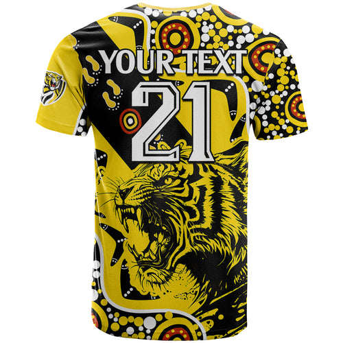 custom-text-and-number-richmond-tigers-football-t-shirt-angry-tiger-roaring-aboriginal-boomerang-and-dots-art