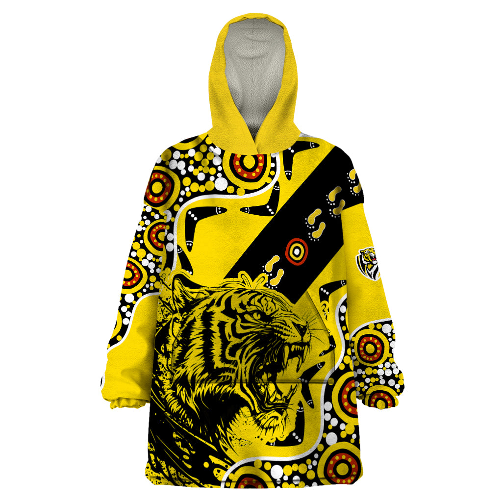 custom-text-and-number-richmond-tigers-football-wearable-blanket-hoodie-angry-tiger-roaring-aboriginal-boomerang-and-dots-art