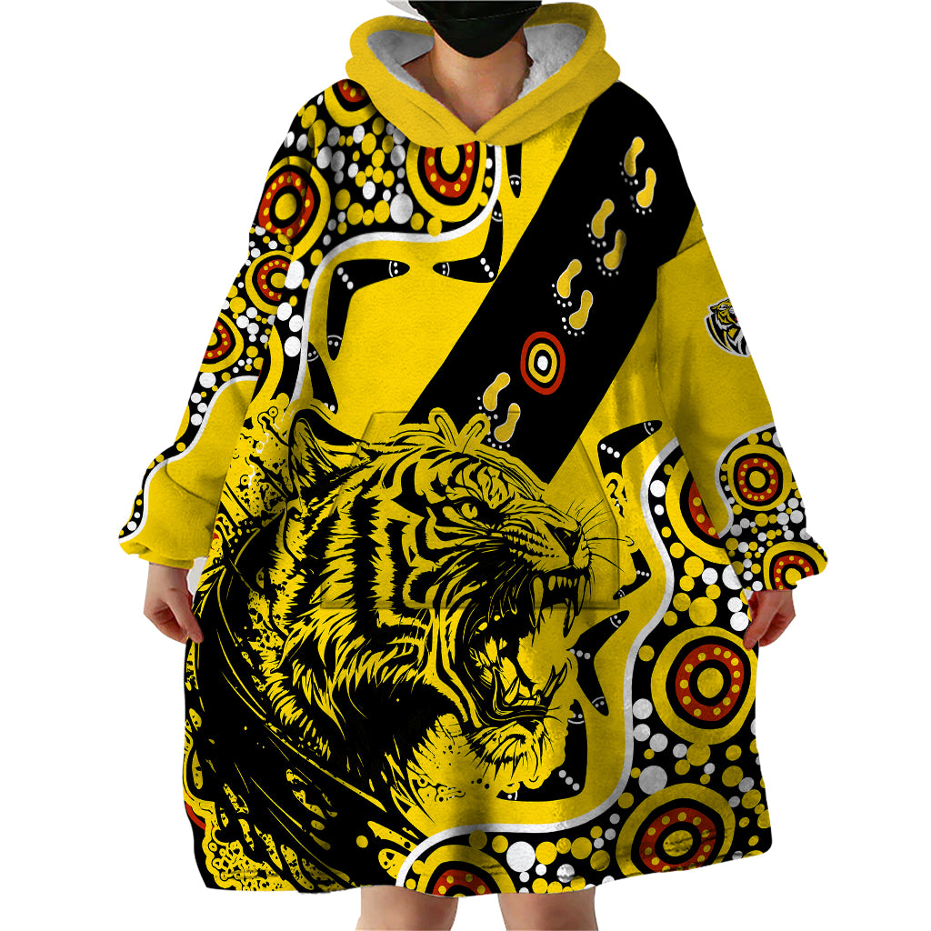 custom-text-and-number-richmond-tigers-football-wearable-blanket-hoodie-angry-tiger-roaring-aboriginal-boomerang-and-dots-art