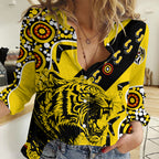 (Custom Text And Number) Richmond Tigers Football Women Casual Shirt Angry Tiger Roaring Aboriginal Boomerang and Dots Art LT9