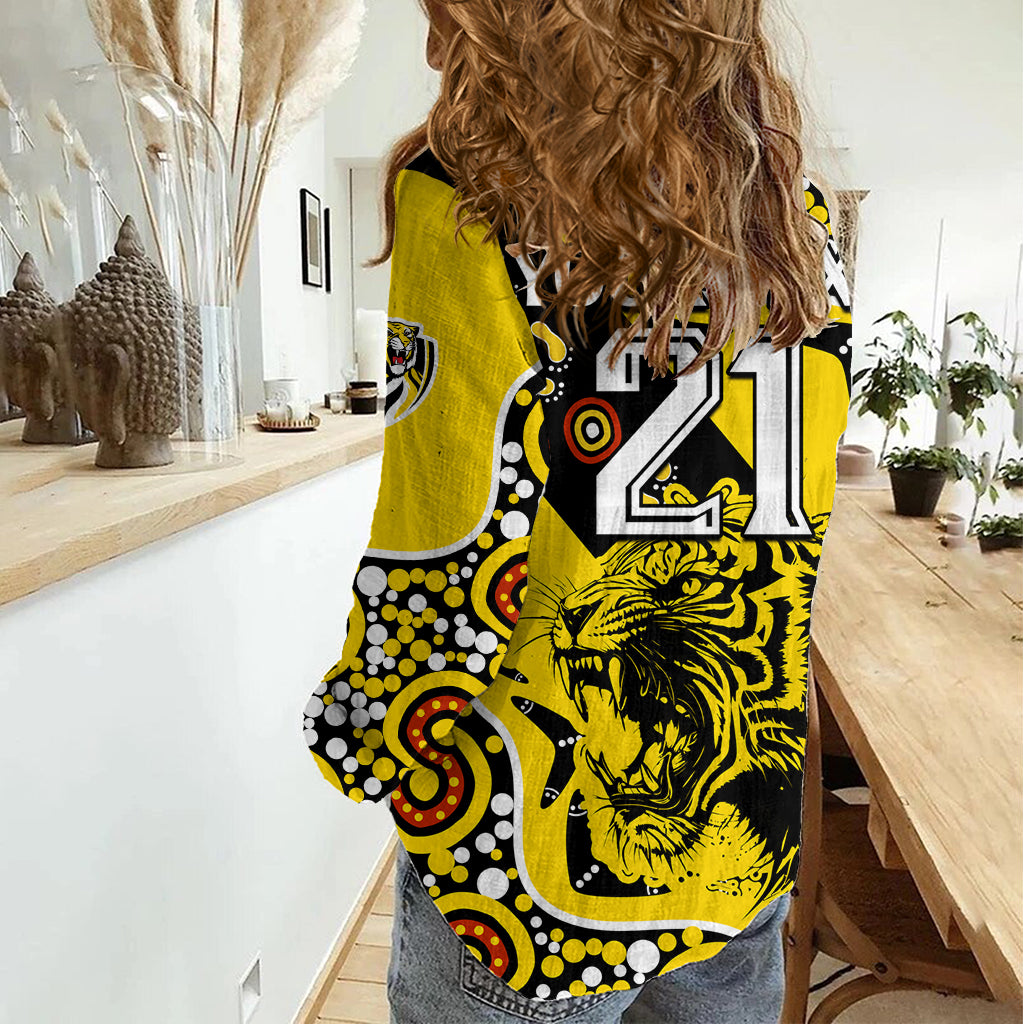 (Custom Text And Number) Richmond Tigers Football Women Casual Shirt Angry Tiger Roaring Aboriginal Boomerang and Dots Art LT9