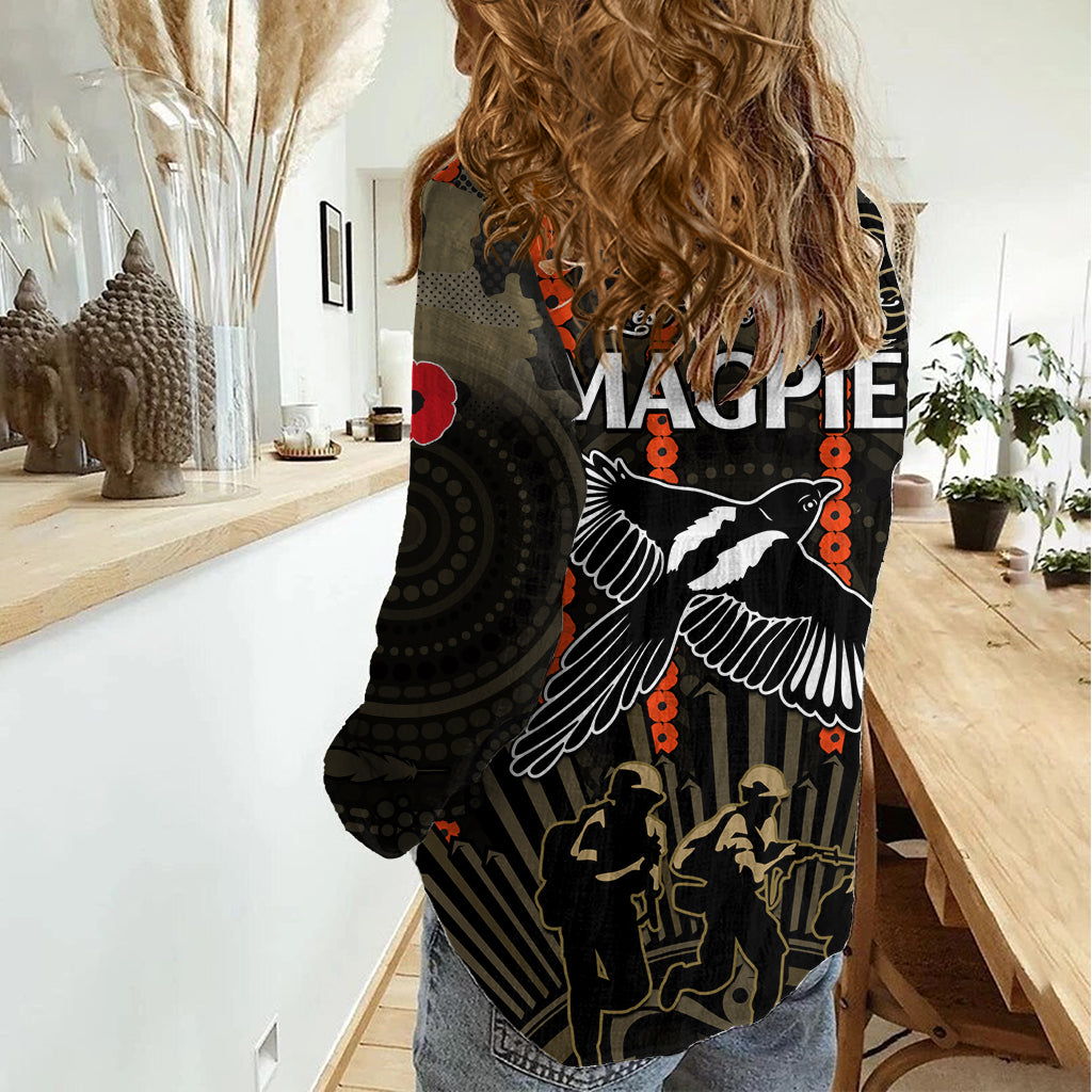 ANZAC Collingwood Football Women Casual Shirt Proud To Be Magpies Poppy Flowers and Aboriginal Version LT9