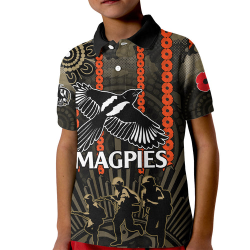 custom-text-and-number-anzac-collingwood-football-kid-polo-shirt-proud-to-be-magpies-poppy-flowers-and-aboriginal-version